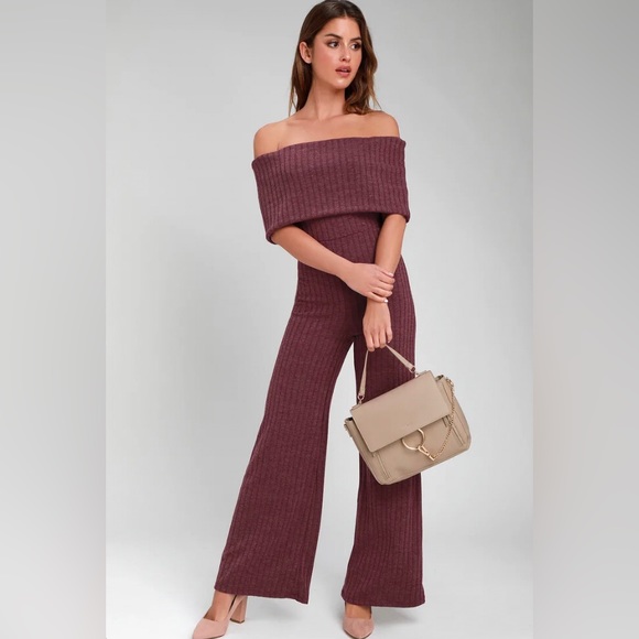 Lulus Pants - Lulus Always Styling Washed Burgundy Off-the-Shoulder Ribbed Jumpsuit